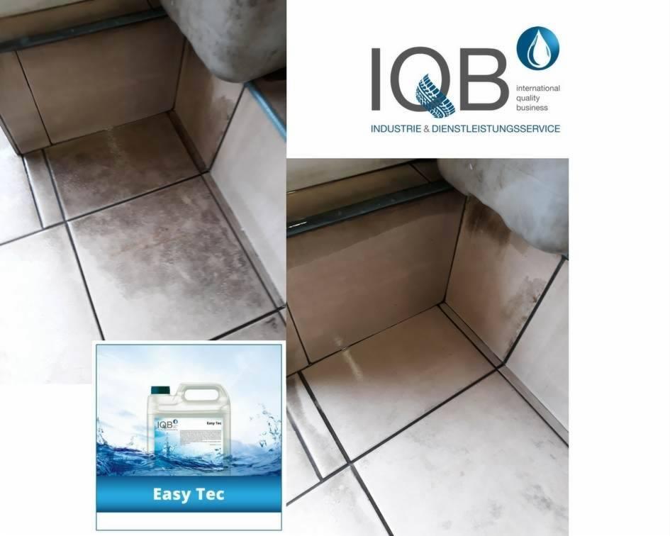 Porównanie stanu płytek podłogowych i ściennych przed i po czyszczeniu, z widocznym logo firmy IQB i nazwą produktu Easy Tec w dolnym rogu.
