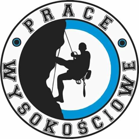 Okrągłe logo firmy oferującej prace na wysokościach, przedstawiające sylwetkę wspinacza na skale.