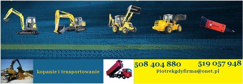 Kolaż z żółtymi maszynami budowlanymi: koparki, ładowarki i młot pneumatyczny na tle grafiki imitującej teren budowy, uzupełniony o kontaktowe dane firmy i zdjęcie wywrotki.