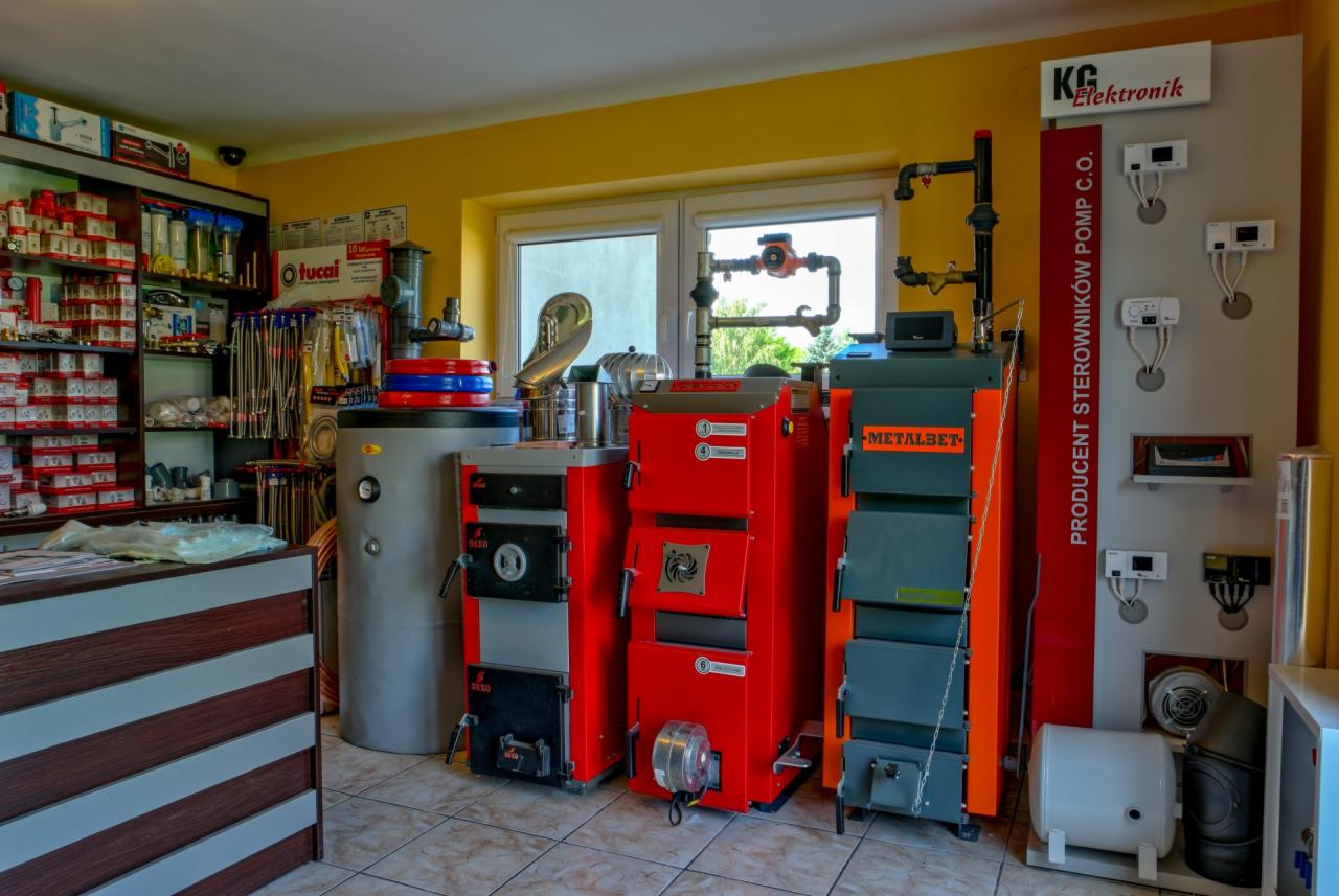Wnętrze sklepu z urządzeniami grzewczymi: kotły na paliwo stałe marek Sęko i Metalbet, zasobnik wody, półki z armaturą oraz panel sterowania grzewczego.