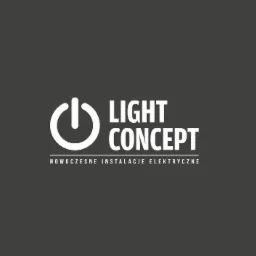 Białe logo firmy 'Light Concept' na szarym tle, z symbolem włącznika i napisem 'Nowoczesne Instalacje Elektryczne'.