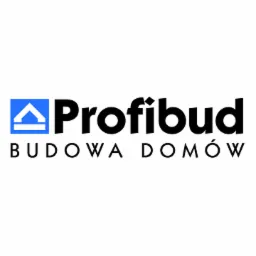 Logo firmy budowlanej Profibud z niebieskim symbolem domu i napisem 'Budowa Domów' pod nazwą firmy.