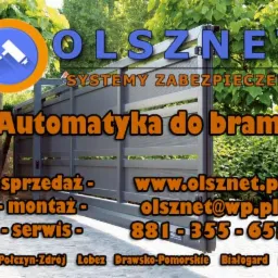 Grafika reklamowa firmy Olsznet Systemy Zabezpieczeń, prezentująca automatykę do bram wjazdowych, z widocznym fragmentem szarej bramy, logo firmy z ikoną kamery monitoringu oraz danymi kontaktowymi...