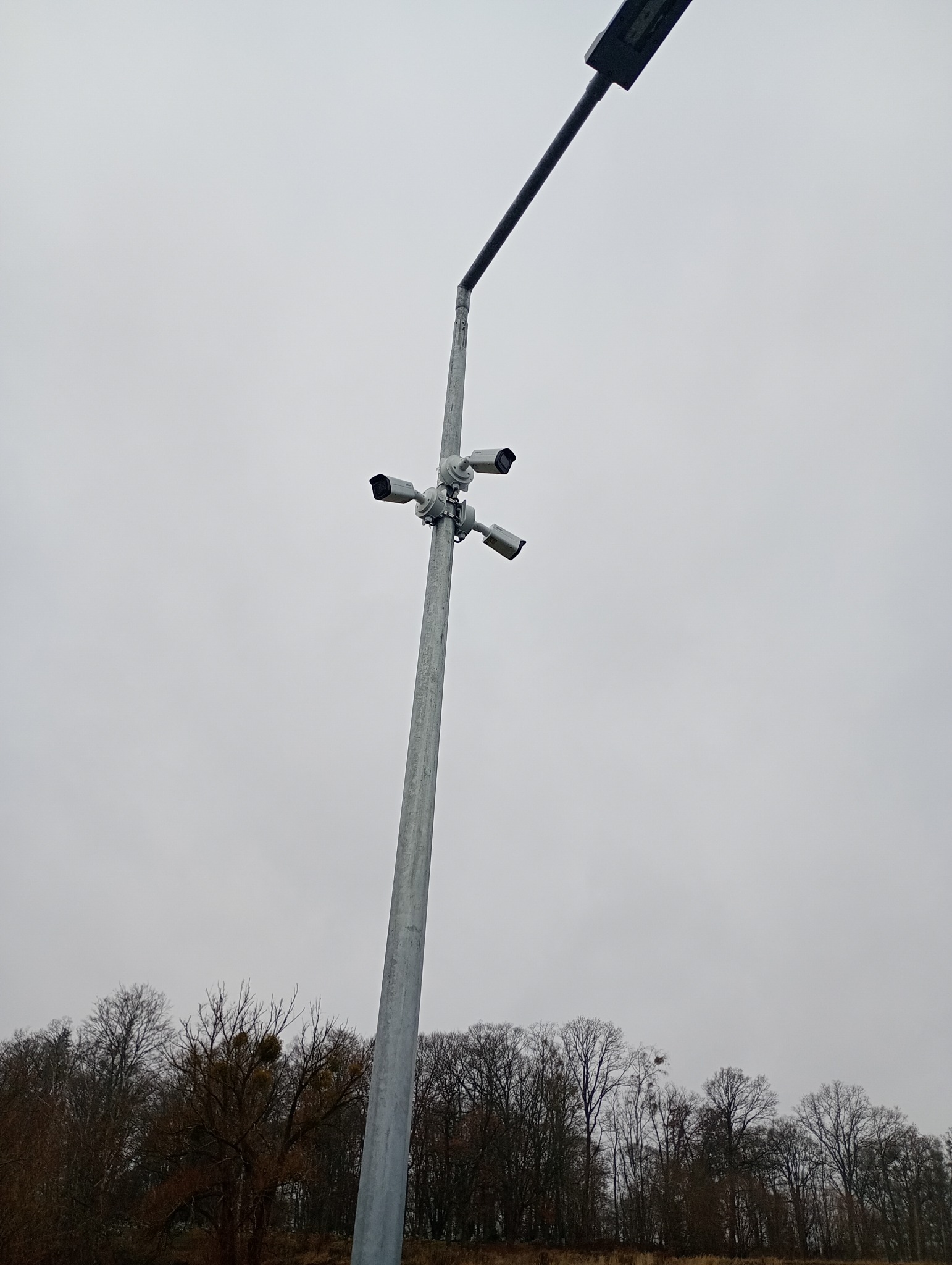 Srebrny słup oświetleniowy z zamontowanymi czterema kamerami monitoringu, skierowanymi w różne strony, na tle pochmurnego nieba i drzew bez liści.