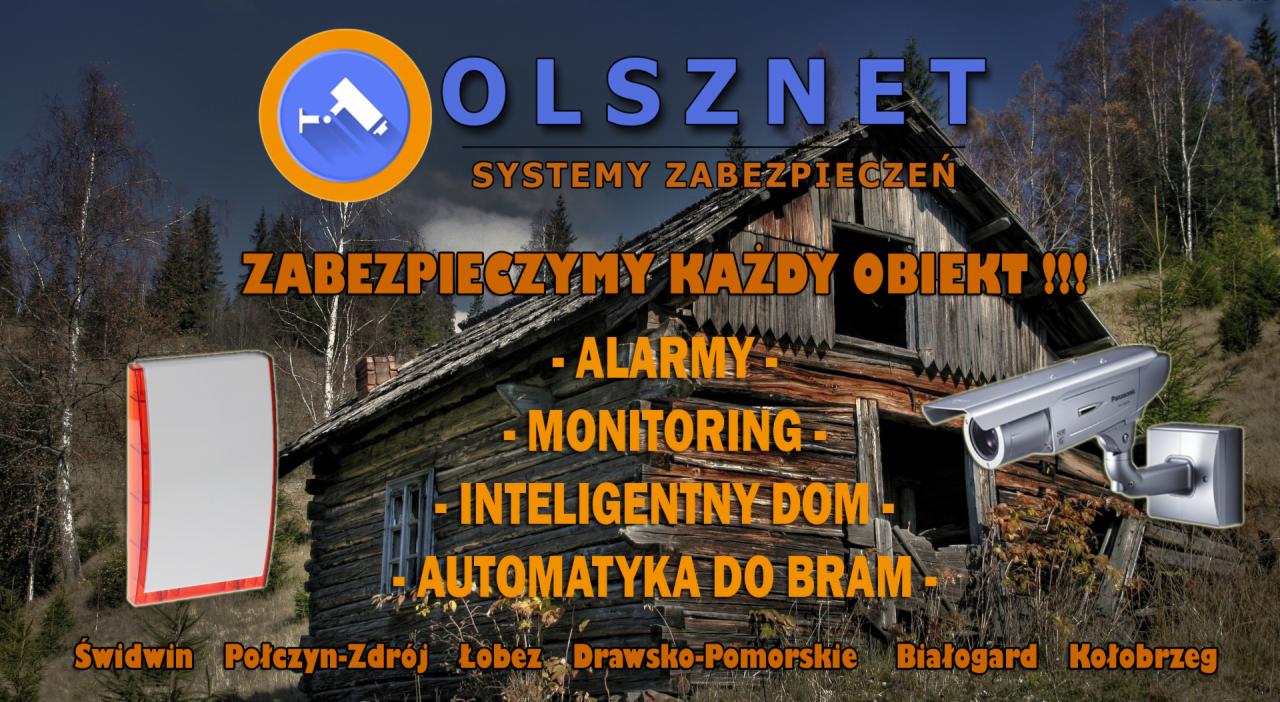 Grafika reklamowa firmy Olsznet Systemy Zabezpieczeń, prezentująca starą drewnianą chatę z zainstalowanym systemem monitoringu wizyjnego, alarmem i automatyką do bram na tle leśnego krajobrazu.