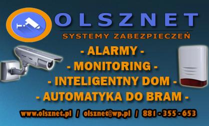 Grafika reklamowa firmy Olsznet oferującej systemy zabezpieczeń: kamera monitoringu, centrala alarmowa, automatyka do bram. Na niebieskim tle logo firmy, hasło 'Systemy Zabezpieczeń' oraz dane...