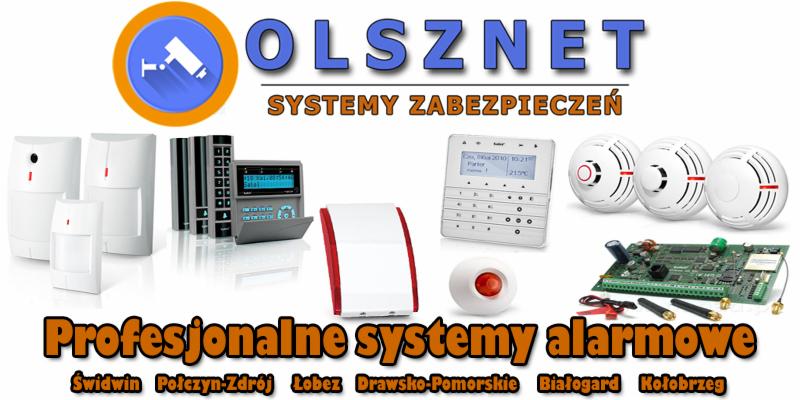 Zestaw różnorodnych urządzeń zabezpieczeń i detektorów, w tym czujniki ruchu, kontrolery, czujniki dymu i centrala alarmowa, prezentowany na białym tle z odbiciem, z logo firmy Olsznet i napisem...