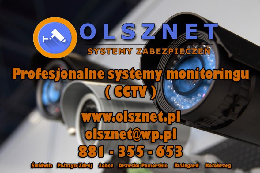 Dwa czarne kamery CCTV z widocznymi diodami LED i logo firmy Olsznet Systemy Zabezpieczeń, prezentacja systemów monitoringu z adresem strony internetowej, adresem email i numerem telefonu firmy...