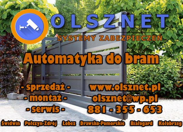 Grafika reklamowa firmy Olsznet Systemy Zabezpieczeń, prezentująca automatykę do bram wjazdowych, z widocznym fragmentem szarej bramy, logo firmy z ikoną kamery monitoringu oraz danymi kontaktowymi...
