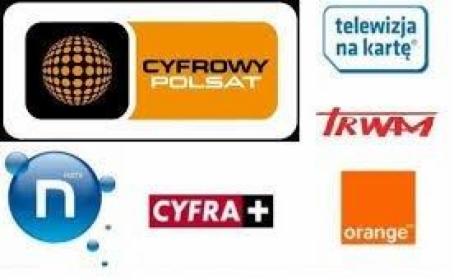 Zestaw logotypów różnych platform telewizyjnych i firm telekomunikacyjnych, w tym Cyfrowy Polsat, Telewizja na Kartę, TRWAM, n, Cyfra+, Orange.