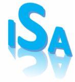 Błękitne logo ISA z efektem cienia i odbicia na białym tle.