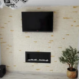 Telewizor zawieszony na ścianie wyłożonej dekoracyjną imitacją kamienia, pod nim czarny wkład kominkowy z białymi kamykami, obok roślina doniczkowa, w tle białe ściany z wnękami.