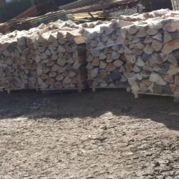 Ułożone w rzędach palety z pociętym drewnem opałowym, owinięte folią, składowane na zewnątrz na ubitej ziemi.