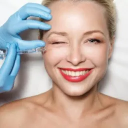 Uśmiechnięta blond kobieta z czerwonymi ustami podczas zabiegu kosmetycznego z użyciem igły w okolicy oka, wykonywanego przez osobę w niebieskich rękawiczkach.