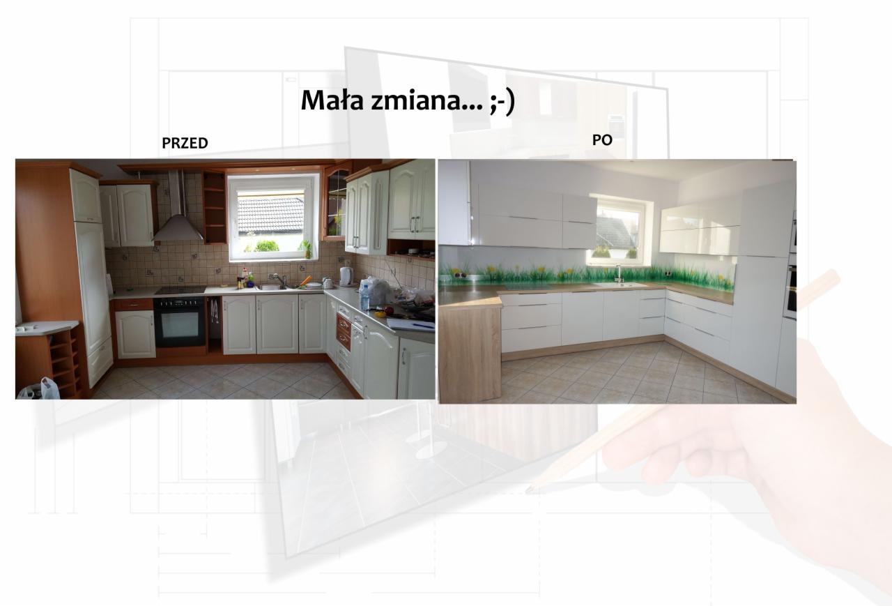 Porównanie kuchni przed remontem z drewnianymi szafkami i po remoncie z białymi, nowoczesnymi szafkami i blatem z motywem trawy.