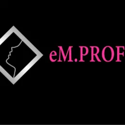 Logo firmy eM.PROFIL z profilem twarzy w srebrnym rombie na czarnym tle, z nazwą firmy w różowym kolorze.