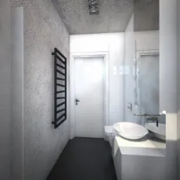 Minimalistyczna łazienka w odcieniach szarości i bieli z grzejnikiem drabinkowym, umywalką nablatową i oświetleniem punktowym.