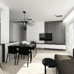 Nowoczesny salon w odcieniach szarości i bieli z designerską lampą nad czarnym stołem jadalnym, dekoracyjną ścianą 3D za telewizorem i jasną podłogą z desek.