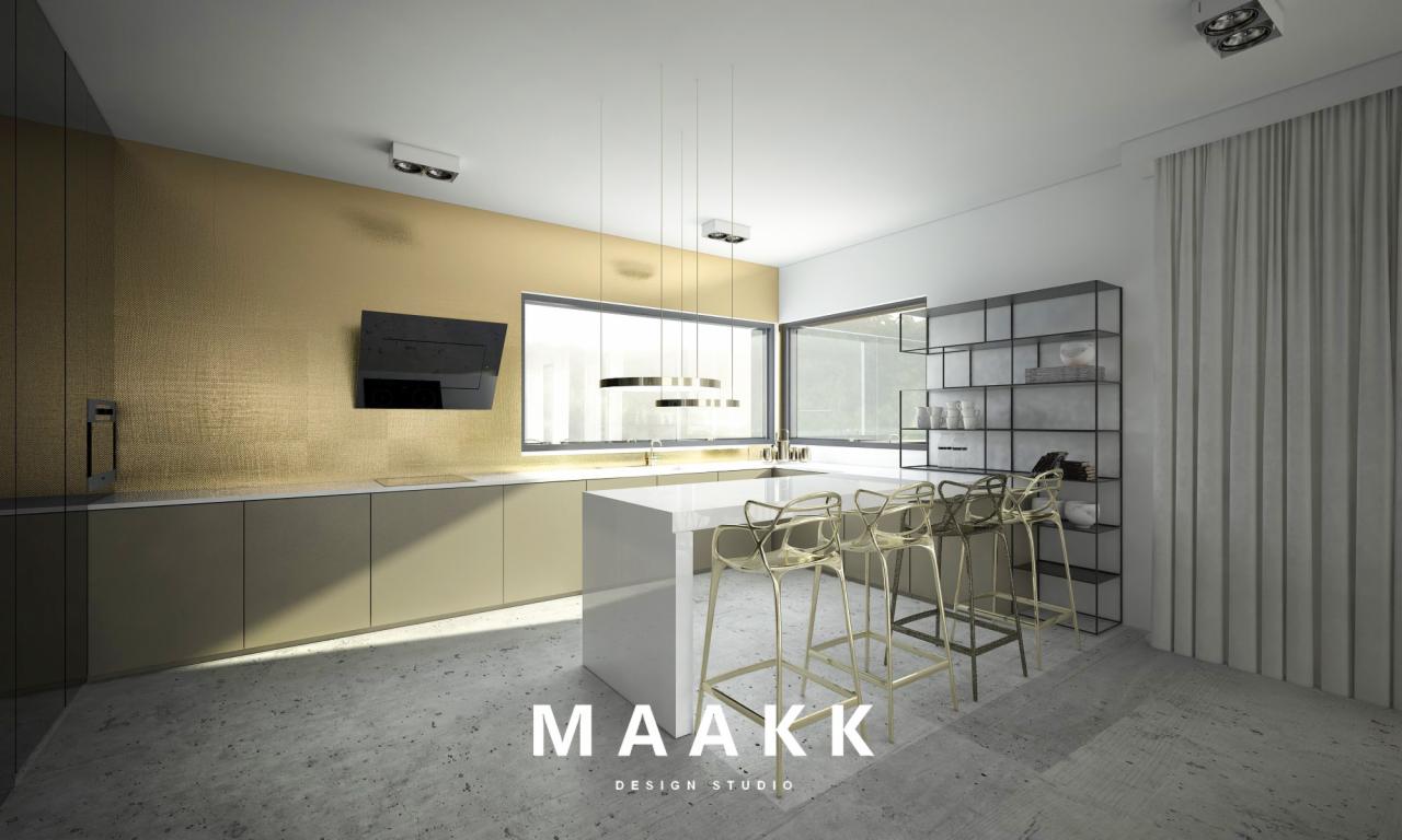 Wizualizacja nowoczesnej kuchni z wyspą, złotą ścianą i transparentnymi krzesłami barowymi, oświetlona wiszącymi lampami. Czarny okap nad blatem. Minimalistyczny regał przy oknie.