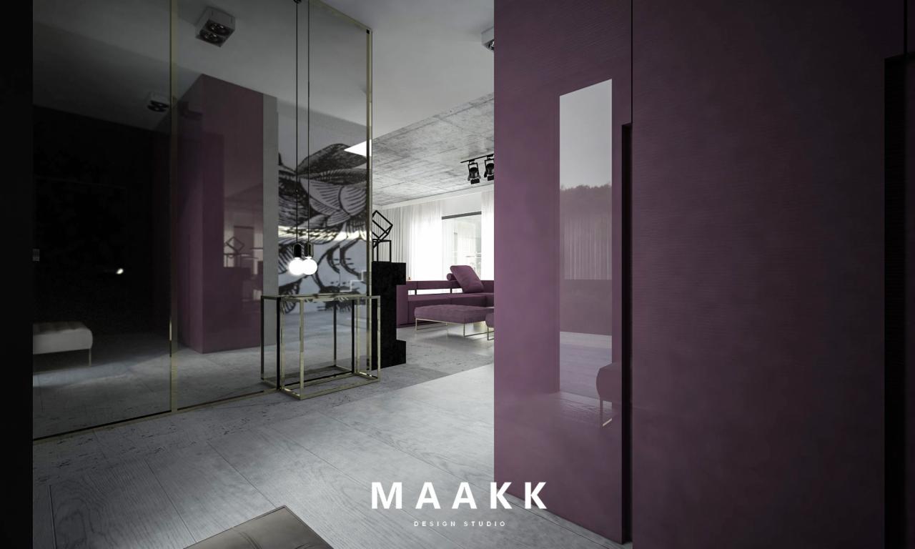 Wnętrze mieszkania z fioletową sofą i ścianą, widoczne lustrzane elementy i grafika na ścianie, minimalistyczny design z betonowym sufitem.