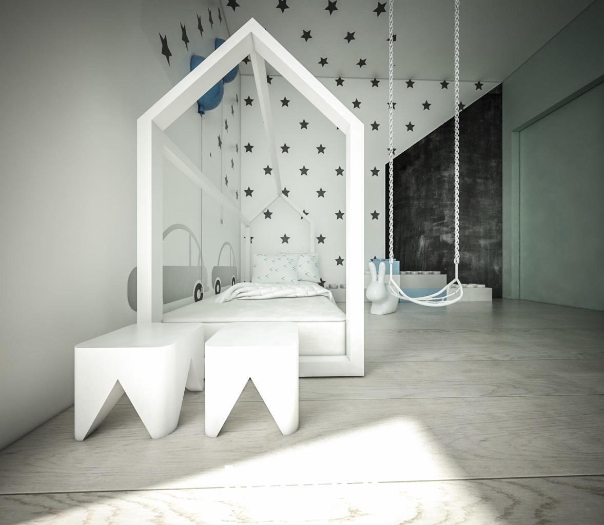 Pokój dziecięcy w minimalistycznym stylu: białe łóżko w kształcie domku z rysunkami samochodów, tapeta w czarne gwiazdki, huśtawka na łańcuchach i białe stołki.