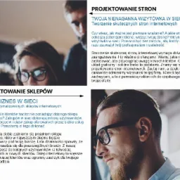 Kobieta w okularach i mężczyzna w tle, rozmawiający o projektowaniu stron internetowych i e-commerce, z nagłówkami 'Projektowanie stron' i 'Projektowanie sklepów'.