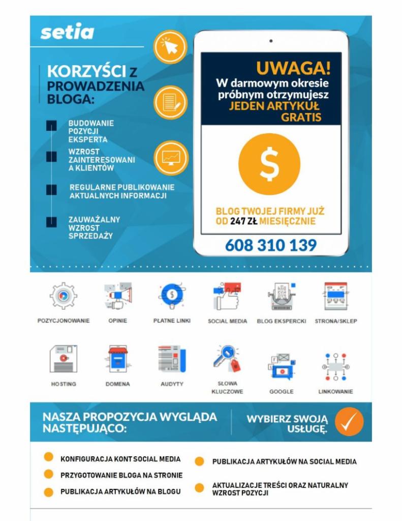 Grafika reklamowa: zalety prowadzenia bloga firmowego, darmowy artykuł próbny, konfiguracja kont social media, przygotowanie bloga na stronie, publikacja artykułów na blogu, aktualizacje treści...