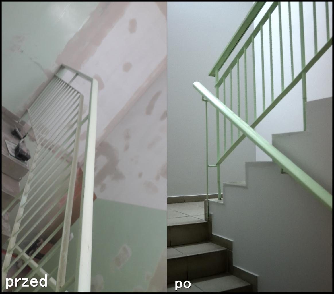 Klatka schodowa przed i po: ściany i sufit w trakcie wyrównywania i wygładzania, widoczne ślady po łataniu ubytków, po prawej stronie schody po malowaniu na biało z zieloną barierką.