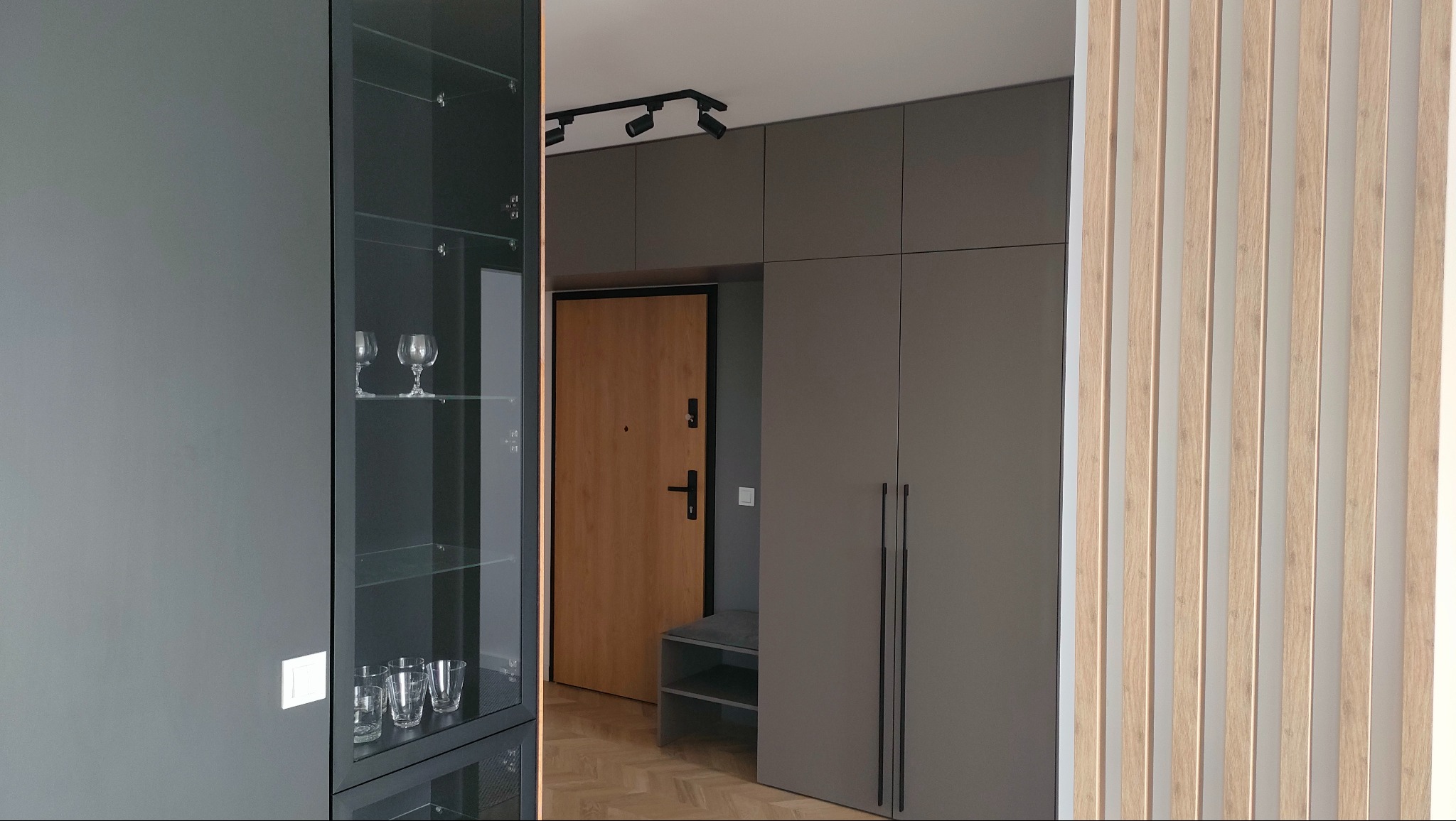 Szafa korytarz, witryna przeszklona, lamele na ścianie