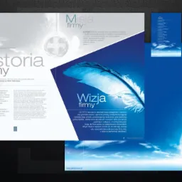 Rozkładówka folderu firmowego IGLOTECH prezentująca misję, wizję i historię firmy z elementami graficznymi w odcieniach błękitu.