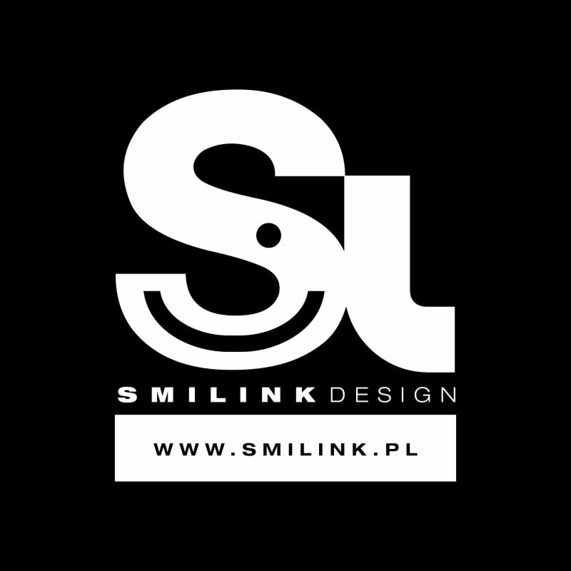 Białe logo 'SL' z elementami graficznymi na czarnym tle, poniżej napis 'SMILINK DESIGN' i adres strony internetowej www.smilink.pl.