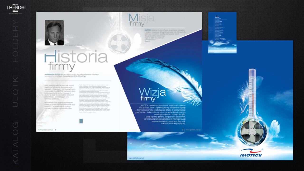 Rozkładówka folderu firmowego IGLOTECH prezentująca misję, wizję i historię firmy z elementami graficznymi w odcieniach błękitu.