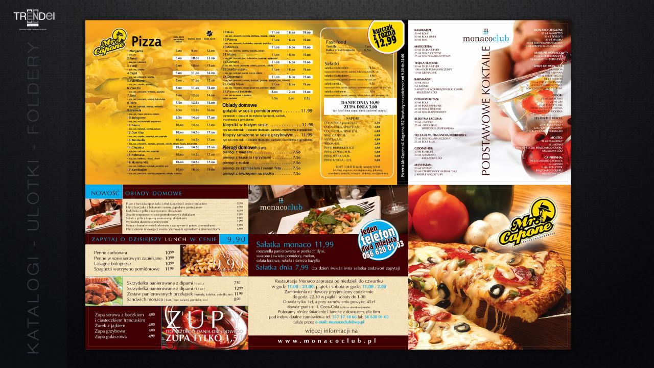 Menu restauracji z pizzą, daniami obiadowymi i koktajlami, widoczne pozycje takie jak pizza Mr. Capone, sałatka Monaco, penne carbonara oraz podstawowe koktajle.