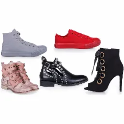 Kompozycja pięciu par różnych butów: szare trampki za kostkę, czerwone niskie trampki, pudrowo-różowe botki z ćwiekami, czarne botki z wycięciami i srebrnymi ćwiekami oraz czarne botki na wysokim...