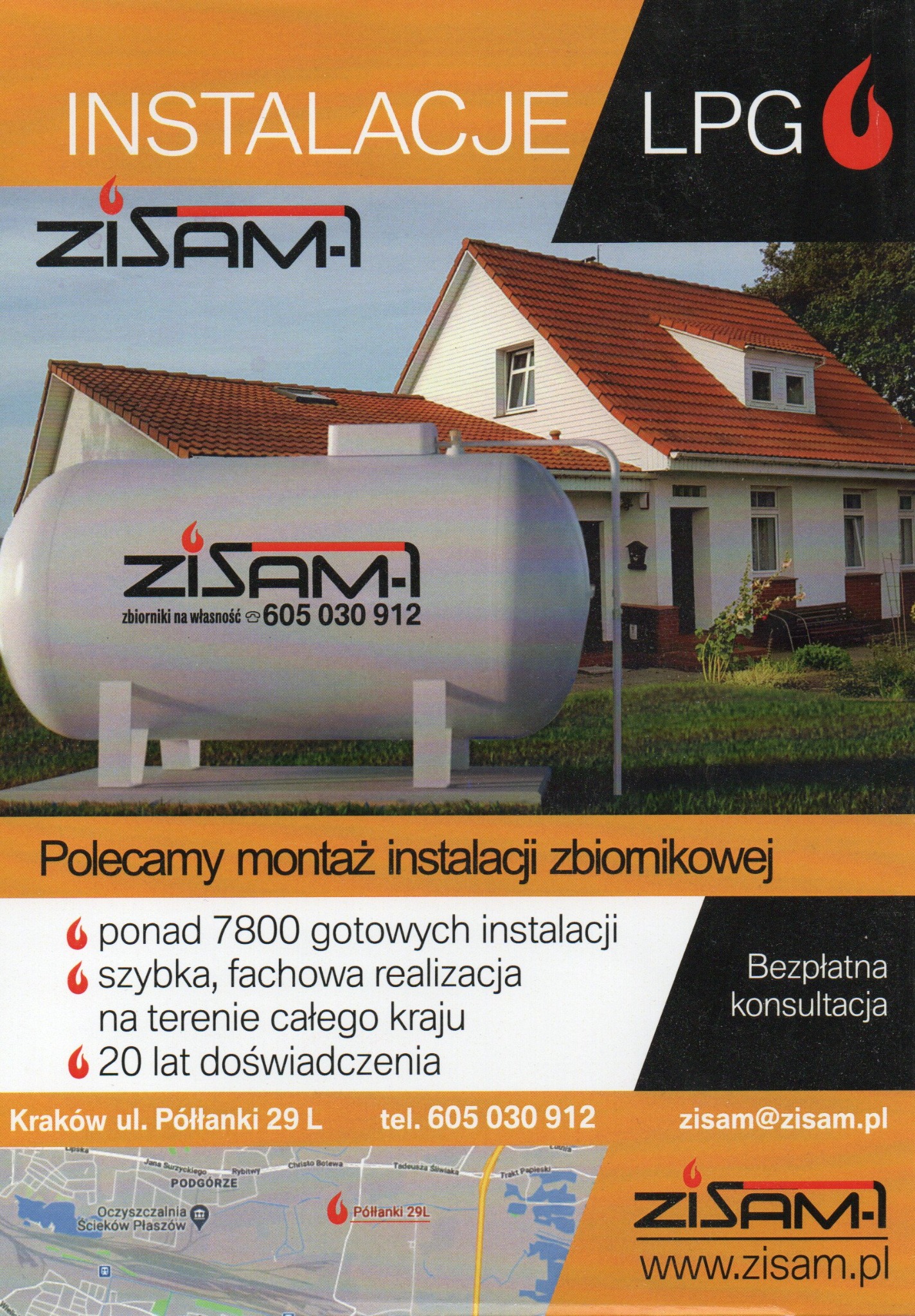 Reklama zbiornika na gaz płynny firmy ZISAM z Węgrzc Wielkich na tle domu jednorodzinnego.