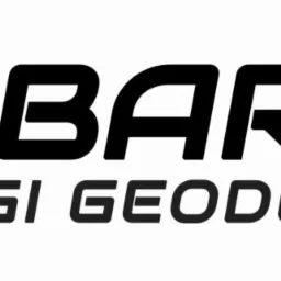 Logo firmy geodezyjnej GEOBART.eu z pomarańczowym symbolem strzałki w prawo.