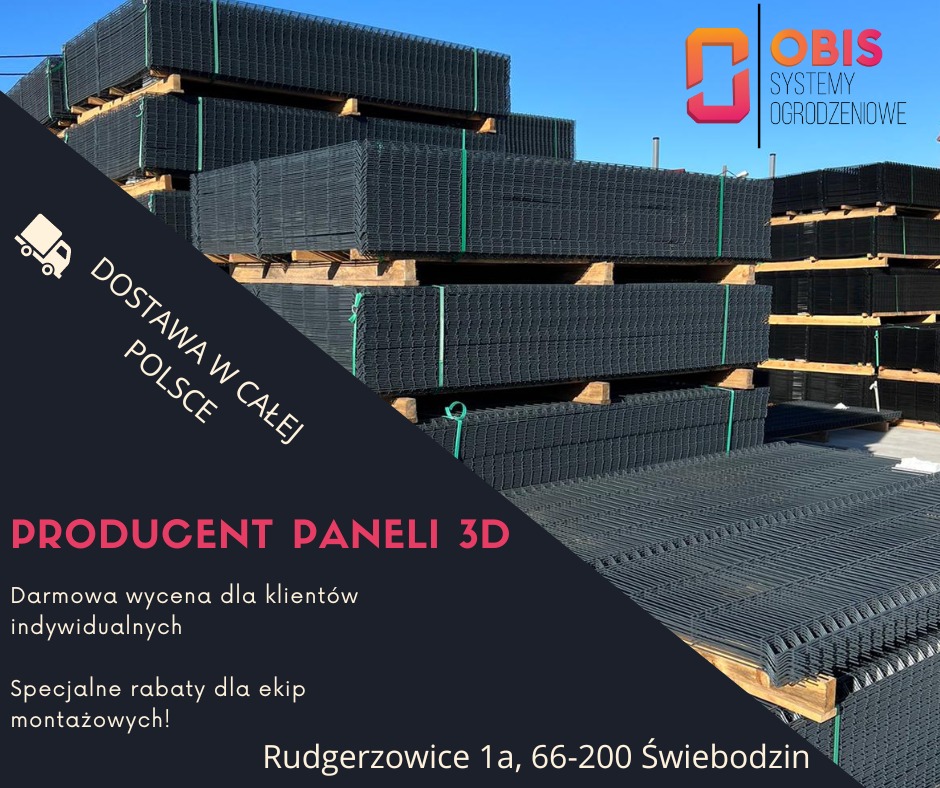 Stos paneli 3D ogrodzeniowych na paletach, widoczne logo producenta OBIS Systemy Ogrodzeniowe, informacja o dostawie w całej Polsce.