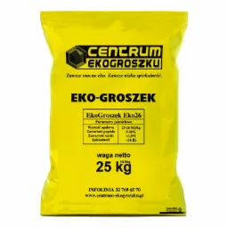 Żółty, foliowy worek 25 kg ekogroszku z nadrukowanym logo producenta, parametrami jakościowymi i danymi kontaktowymi.