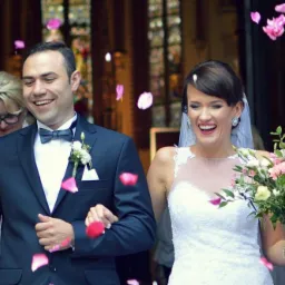 Uśmiechnięta para młoda wychodzi z kościoła, obsypywana płatkami róż, panna młoda trzyma bukiet z białych i różowych kwiatów, w tle witraże.