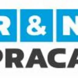 Logo firmy R&N PRACA na niebieskim tle, czarny napis PRACA pod spodem.