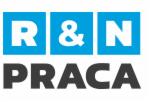 Logo firmy R&N PRACA na niebieskim tle, czarny napis PRACA pod spodem.