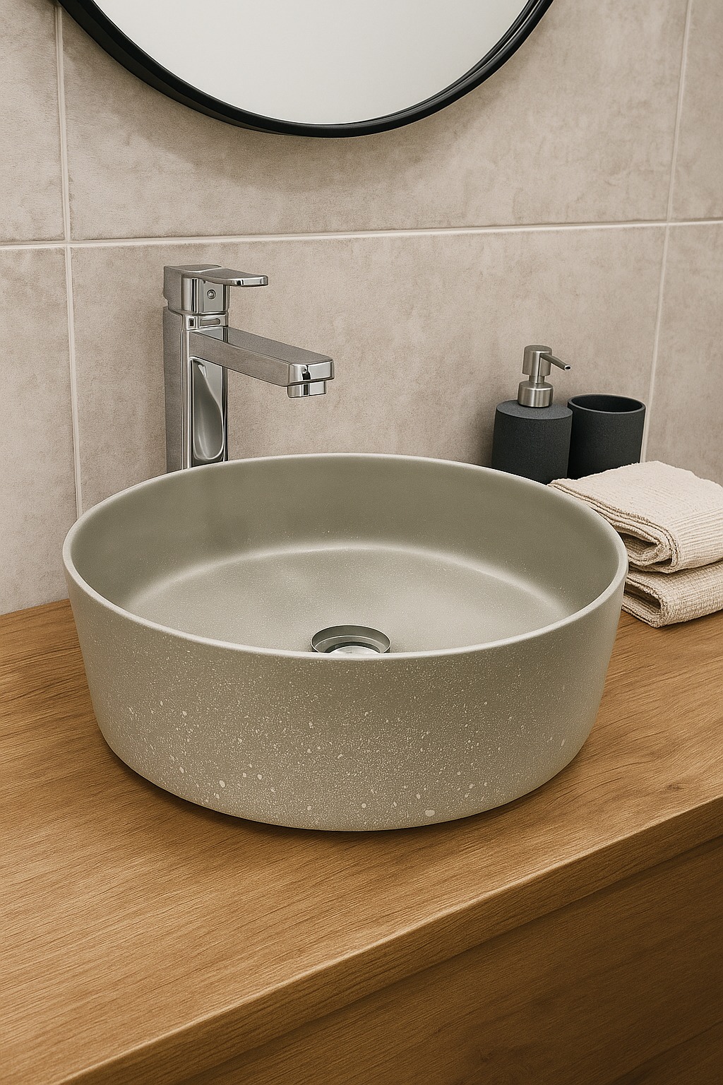 Nowoczesna, okrągła umywalka w kolorze beżowym z drobnymi plamkami, chromowana bateria, beżowe płytki ścienne i drewniany blat szafki w minimalistycznej łazience.