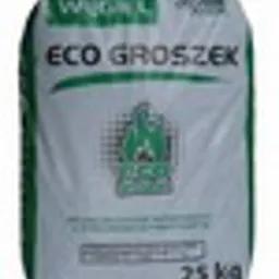 Szary, foliowy worek z napisem 'ECO GROSZEK' i logo producenta, ważący 25 kg.