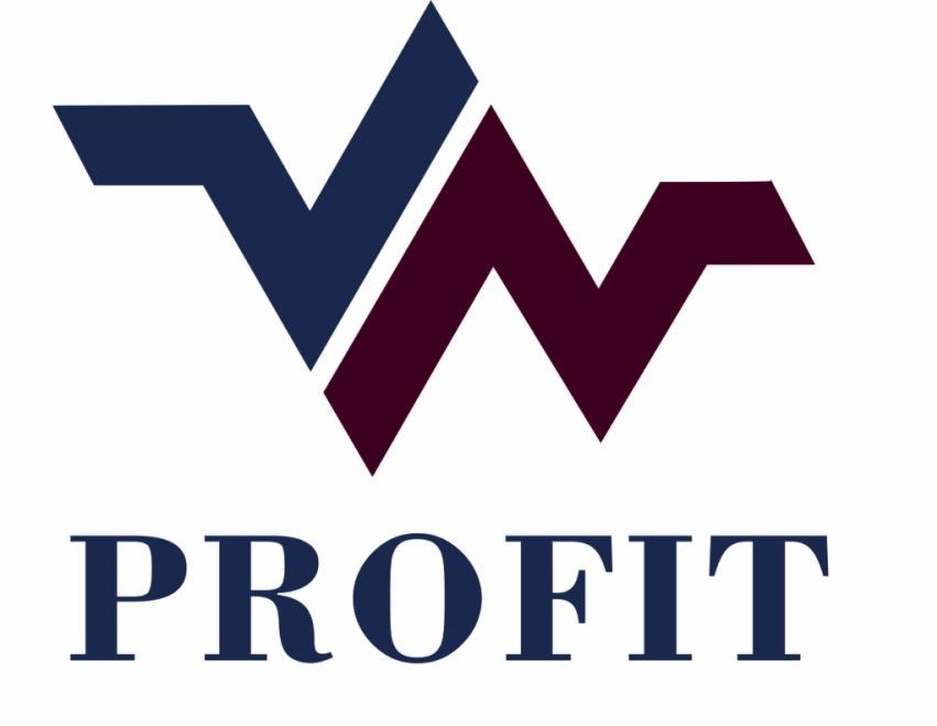 Logo firmy z abstrakcyjnym symbolem w kolorach granatowym i bordowym, oraz napisem 'PROFIT' poniżej.