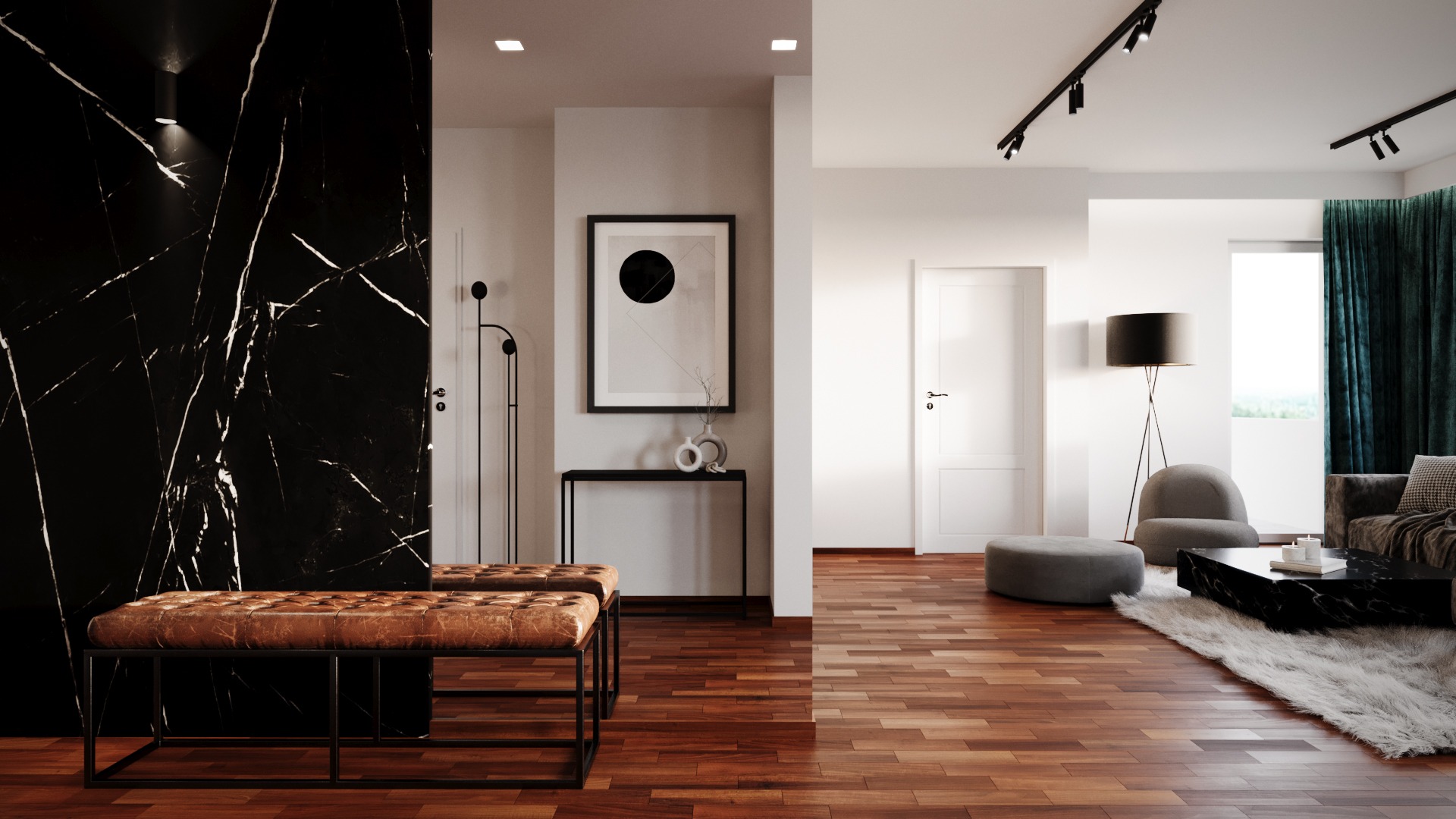 Nowoczesny przedpokój z czarnym marmurem na ścianie, skórzanymi pufami i parkietem w jodełkę, oświetlony punktowymi lampami sufitowymi.