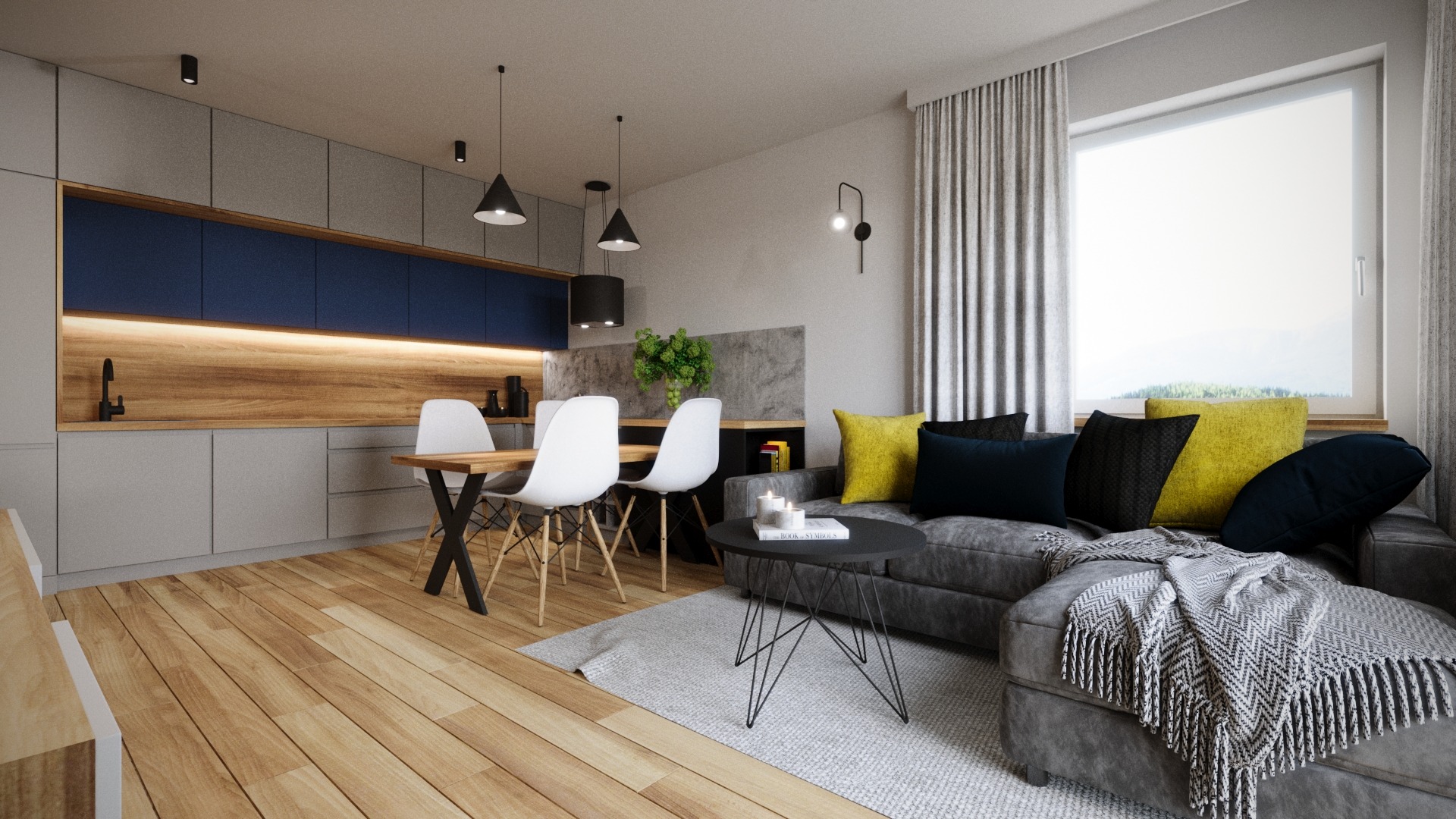 Wnętrze mieszkania w stylu nowoczesnym: szara kuchnia z drewnianym blatem i niebieskimi szafkami, stół z białymi krzesłami, szara sofa z żółtymi i granatowymi poduszkami oraz pledem w jodełkę...