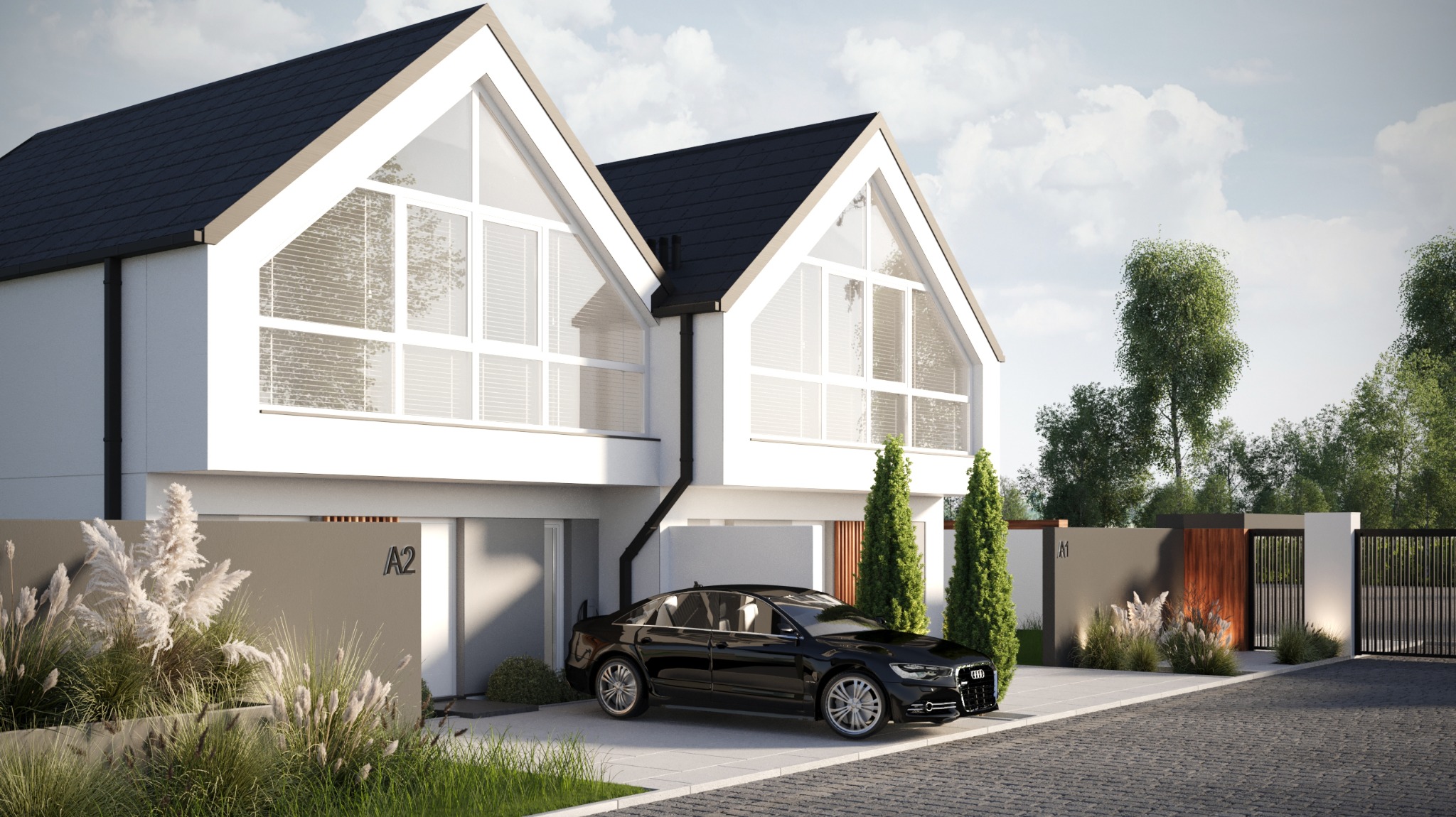 Wizualizacja bliźniaczych domów jednorodzinnych z dużymi przeszkleniami, czarnym dachem, z podjazdem wyłożonym kostką i zaparkowanym czarnym samochodem Audi A6.