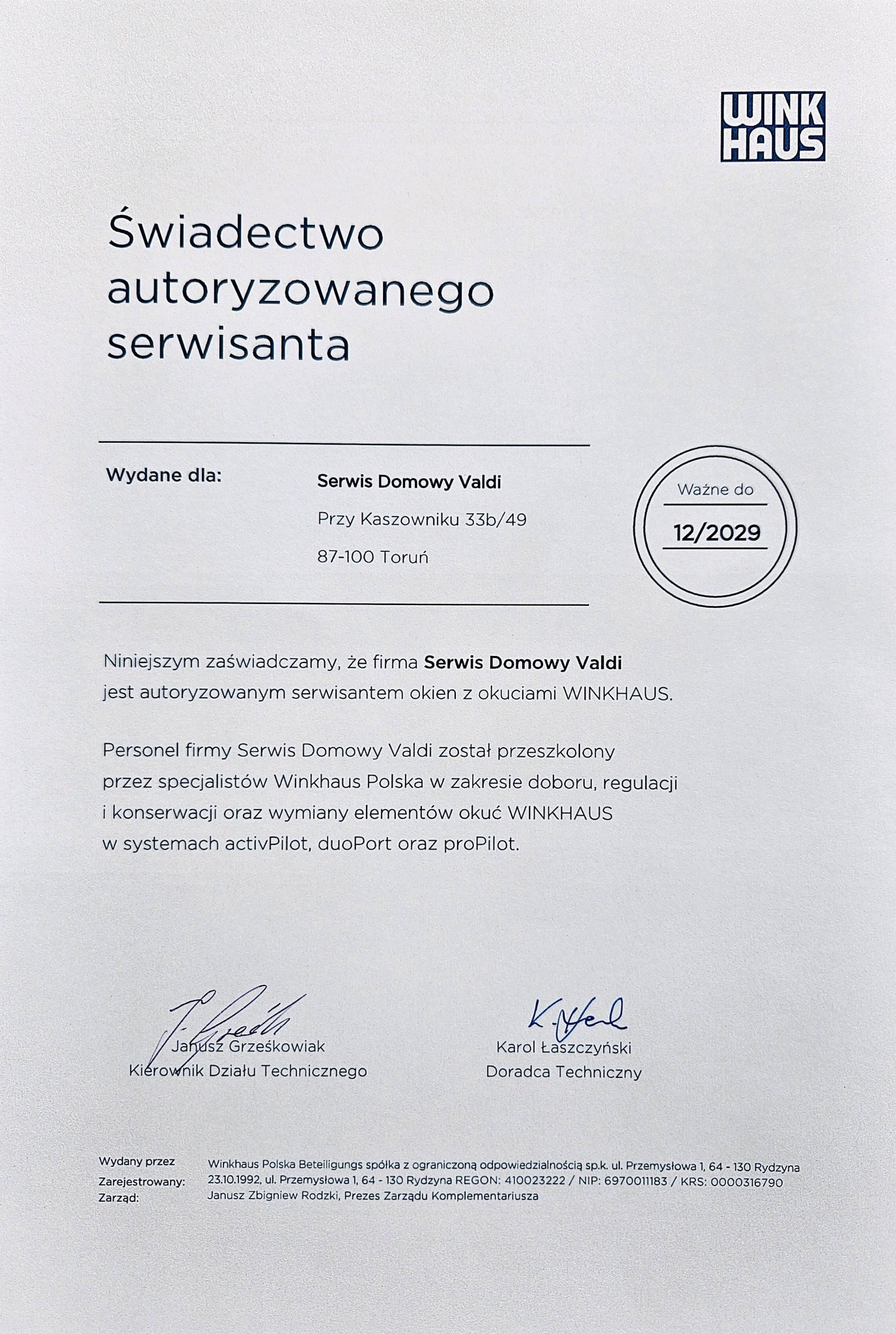 Skan świadectwa autoryzacji serwisanta okien firmy Winkhaus dla Serwisu Domowego Valdi, ważne do grudnia 2029, z podpisami kierownika działu technicznego i doradcy technicznego.