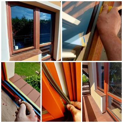 Montaż uszczelki w drewnianym oknie w Toruniu, detale malowania ramy okiennej, widok z zewnątrz na odnowione okno z parapetem.