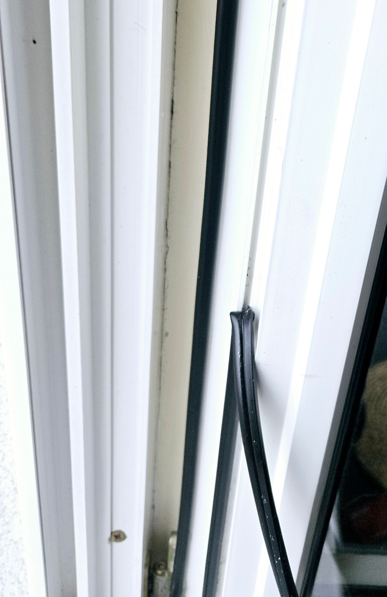 Szczegółowe ujęcie uszczelki okiennej z widocznymi śladami zabrudzeń i potencjalnego zagrzybienia na białej ramie okna.